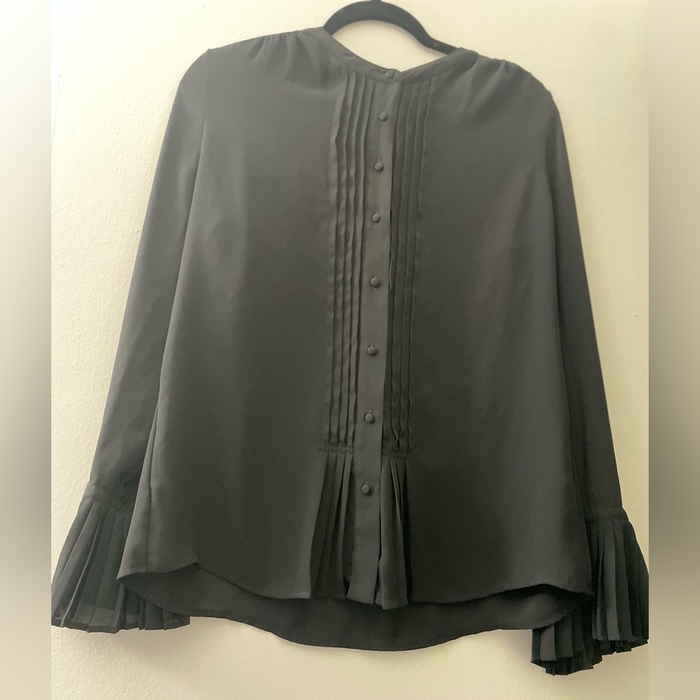 White House Black Market Asymmetrical Pleated Black Long-sleeve Blouse -NWOT